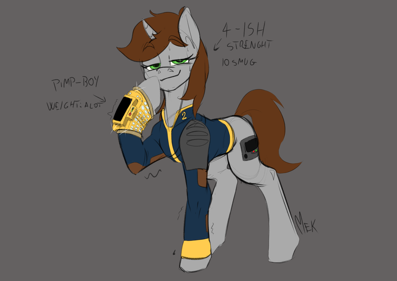 Size: 4961x3508 | Tagged: safe, artist:mekblue, derpibooru import, oc, oc:littlepip, pony, unicorn, fallout equestria, clothes, female, horn, image, jumpsuit, looking at you, mare, pipbuck, png, smug, solo, sternocleidomastoid, sweat, unicorn oc, vault security armor, vault suit