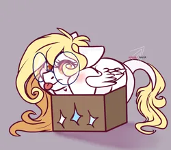 Size: 4608x4064 | Tagged: safe, artist:krissstudios, derpibooru import, oc, oc:sally lovely, pegasus, pony, box, female, glasses, gray background, image, mare, png, pony in a box, simple background, solo, tongue out