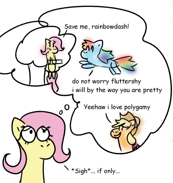 Size: 686x726 | Tagged: safe, artist:zoeyhorse, derpibooru import, applejack, fluttershy, rainbow dash, earth pony, pegasus, pony, appledash, bust, comic, dialogue, doodle, female, flutterdash, image, lesbian, mare, png, polyamory, ship:appleshy, shipping, simple background, thought bubble, tree, white background
