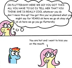 Size: 732x697 | Tagged: safe, artist:zoeyhorse, derpibooru import, fluttershy, rainbow dash, pegasus, pony, comic, dialogue, doodle, female, flutterdash, image, lesbian, mare, png, shipping, simple background, speech bubble, thought bubble, white background