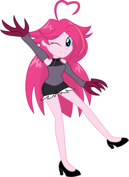 Size: 2824x3856 | Tagged: safe, artist:sketchmcreations, derpibooru import, pinkie pie, human, equestria girls, ahoge, alternate hairstyle, claws, clothes, detached sleeves, female, friday night funkin', g4, high heels, image, looking at you, one eye closed, png, raised arm, reference, shoes, shorts, shoulderless, simple background, smiling, transparent background, vector