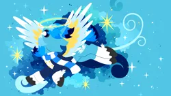 Size: 5760x3240 | Tagged: safe, artist:白瓷微璧, derpibooru import, oc, oc:radiant windstar, alicorn, hybrid, original species, alicorn oc, angel, clothes, colored wings, halo, headset, horn, image, multicolored eyes, multicolored mane, multicolored wings, png, scarf, solo, spread wings, wallpaper, wings