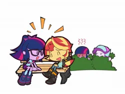 Size: 2000x1500 | Tagged: safe, artist:rvceric, derpibooru import, sci-twi, starlight glimmer, sunset shimmer, twilight sparkle, human, equestria girls, ^^, angry, arm behind head, beady eyes, bench, bush, chibi, emanata, eyes closed, female, g4, group, hiding, hiding in bushes, image, jealous, jpeg, laughing, lesbian, open mouth, open smile, polyamory, quartet, ship:sci-twishimmer, ship:sunlight, ship:sunset twiangle, shipping, simple background, sitting, smiling, sunsetsparkle, talking, twolight, white background