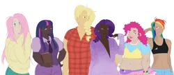 Size: 3017x1320 | Tagged: safe, artist:sparjechkaa, derpibooru import, applejack, fluttershy, pinkie pie, rainbow dash, rarity, twilight sparkle, human, bisexual pride flag, dark skin, g4, group, headcanon, height difference, humanized, image, light skin, mane six, physique difference, png, pride, pride flag, simple background, tan skin, white background