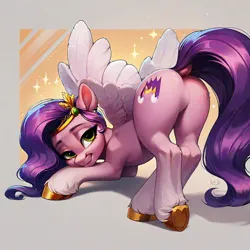 Size: 1024x1024 | Tagged: suggestive, ai content, derpibooru import, machine learning generated, stable diffusion, pipp petals, pegasus, pony, g5, adorapipp, ass up, bedroom eyes, butt, cute, dock, face down ass up, featureless crotch, female, folded wings, generator:pony diffusion v6 xl, image, jpeg, looking at you, mare, pipp butt, plot, rear view, solo, solo female, tail, wings