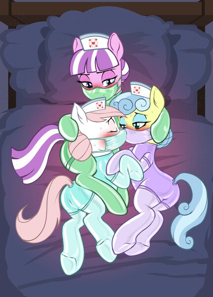 Size: 1268x1764 | Tagged: suggestive, artist:anonymous, nurse coldheart, nurse redheart, nurse snowheart, nurse sweetheart, earth pony, pony, /mlp/ latex requests, bed, blushing, clothes, face mask, female, hat, hoof on head, image, jpeg, latex, latex mask, latex socks, lesbian, mare, nose to nose, nurse hat, nurse outfit, socks, sweat, underhoof, watermark