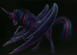 Size: 6797x4883 | Tagged: safe, artist:cahandariella, derpibooru import, twilight sparkle, twilight sparkle (alicorn), alicorn, monster pony, pony, fanfic:and hell followed, black background, colored pencil drawing, covered eyes, fanfic art, female, full body, g4, horror, image, jpeg, large wings, mare, simple background, solo, traditional art, wings
