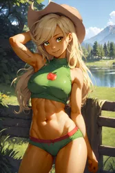 Size: 1536x2304 | Tagged: suggestive, ai content, derpibooru import, editor:masterdarhil, machine learning generated, applejack, equestria girls, abs, arm behind head, armpits, belly, belly button, bikini, blonde, blonde hair, breasts, busty applejack, clothes, cloud, cutie mark, cutie mark on clothes, daylight, erect nipples, female, fit, freckles, g4, grass, hat, image, jpeg, lake, long hair, looking at you, midriff, muscles, nipple outline, photoshop, prompter:sammykun, recolor, sexy, sky, slender, smiling, solo, stupid sexy applejack, swimsuit, tattoo, thin, two-piece swimsuit, water