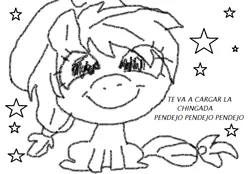 Size: 728x508 | Tagged: safe, artist:damon_ekel, derpibooru import, applejack, earth pony, pony, chibi, dissonant caption, doodle, image, monochrome, png, sitting, smiling, solo, spanish, stars, text, vulgar