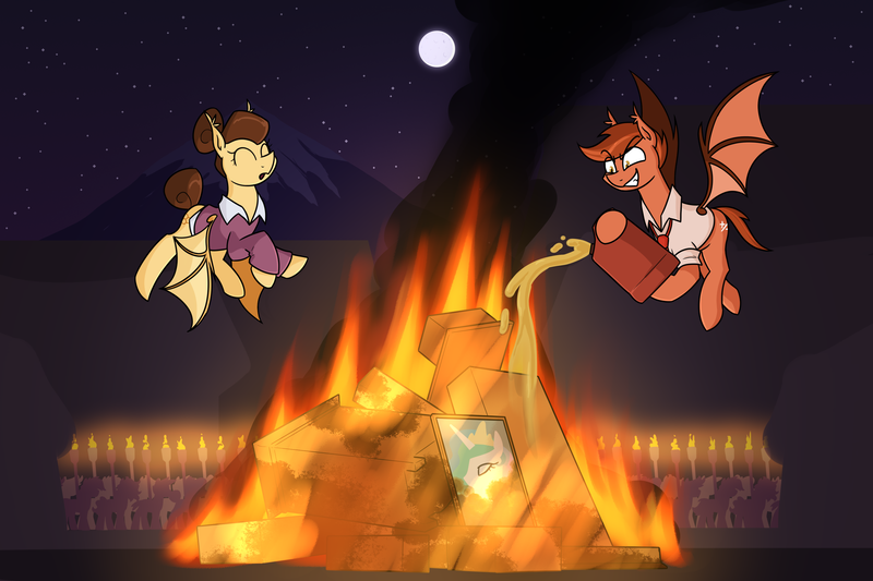 Size: 3000x2000 | Tagged: safe, artist:moonatik, derpibooru import, princess celestia, oc, unofficial characters only, bat pony, pony, alternate timeline, bat pony oc, bat wings, bonfire, burning, commission, crowd, female, fire, fuel tank, gasoline, image, jerry can, male, mare, moon, mountain, new lunar millennium, night, nightmare takeover timeline, png, stallion, torch, wings