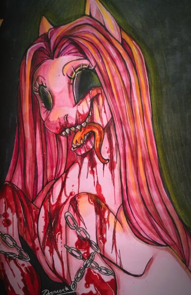 Size: 2304x3566 | Tagged: grimdark, artist:damon_ekel, derpibooru import, pinkie pie, pony, amnesia: the dark descent, blood, chains, creepy, creepy smile, image, injured, jpeg, my little amnesia, no eyes, pinkamena diane pie, sharp teeth, smiling, solo, teeth, tongue out, traditional art