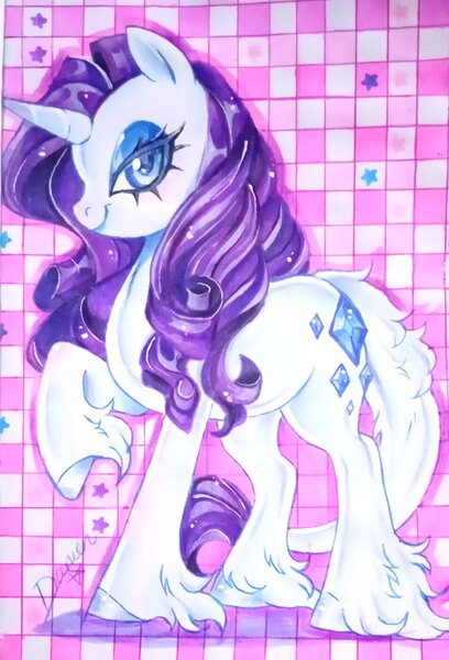 Size: 1901x2795 | Tagged: safe, artist:damon_ekel, derpibooru import, rarity, pony, unicorn, alternate cutie mark, checkered background, female, horn, image, jpeg, leonine tail, mare, raised hoof, solo, tail, traditional art, unshorn fetlocks