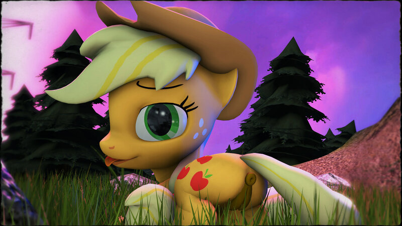 Size: 1920x1080 | Tagged: dead source, explicit, artist:skilm, applejack, earth pony, pony, 3d, :p, anatomically correct, applebutt, applejack's hat, butt, cowboy hat, cutie mark, eyebrows, grass, hat, image, jpeg, looking at you, looking back, looking back at you, nudity, outdoors, presenting, sky, solo, source filmmaker, tail, tongue out, tree, vulva