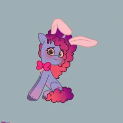 Size: 2480x2480 | Tagged: safe, artist:starburstuwu, derpibooru import, pony, unicorn, g5, blushing, bowtie, bunny ears, cute, female, high res, horn, image, jpeg, light blue background, looking at you, mare, misty brightdawn, mistybetes, rebirth misty, simple background, sitting, smiling, smiling at you, solo