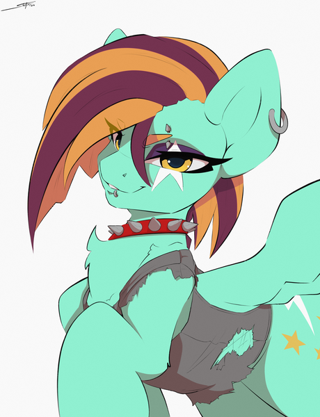 Size: 2300x3000 | Tagged: safe, artist:skitsniga, derpibooru import, lightning dust, pegasus, pony, alternate hairstyle, chest fluff, choker, clothes, dyed mane, ear piercing, earring, eye clipping through hair, eyebrow piercing, eyebrows, eyebrows visible through hair, female, high res, image, jewelry, lidded eyes, lip piercing, looking at you, mare, piercing, png, simple background, smiling, smiling at you, solo, spiked choker, torn clothes, vest, white background