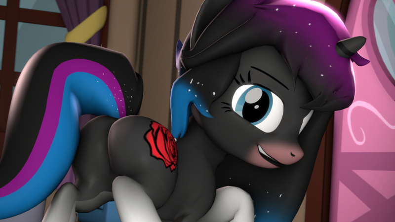 Size: 1920x1080 | Tagged: suggestive, artist:digiveemhf, oc, oc:galaxy rose, unofficial characters only, pony, unicorn, 3d, bedroom eyes, butt, commission, curtains, cutie mark, eyebrows, female, image, looking at you, looking back, looking back at you, mare, plot, png, raised hoof, smiling at you, source filmmaker, tail, window, your character here