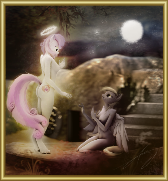 Size: 1998x2160 | Tagged: questionable, artist:monarchy01, derpibooru import, derpy hooves, sweetie belle, anthro, breasts, classic art, ear fluff, easter, fluffy, holiday, image, night, nipples, nudity, painting, png