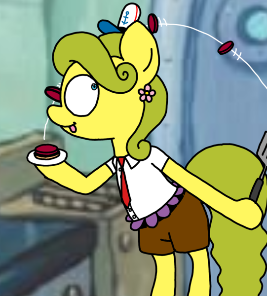 Size: 3023x3351 | Tagged: safe, artist:professorventurer, derpibooru import, oc, oc:bikini breeze, button-up shirt, clothes, image, krabby patty, krusty krab, necktie, png, shirt, shorts, swimsuit, veggie burger