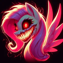 Size: 1024x1024 | Tagged: grimdark, ai content, derpibooru import, machine learning generated, prompter:doomguy397, fluttershy, pegasus, pony, black background, blood, female, g4, generator:dall-e 3, glow, glowing eyes, image, jpeg, looking at you, mare, red eyes, scary face, sharp teeth, simple background, smiling, smiling at you, solo, solo female, spread wings, teeth, wings