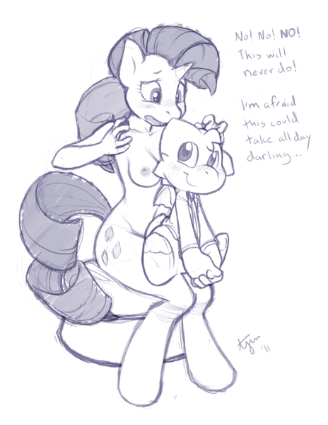 Size: 527x682 | Tagged: questionable, artist:ajin, derpibooru import, rarity, oc, oc:ajin, anthro, dragon, pony, unguligrade anthro, unicorn, blushing, breasts, casual nudity, clothes, darling, dialogue, female, horn, image, mare, monochrome, nipples, non-mlp oc, nudity, ocd, png, simple background, sitting, sitting on lap, white background, worried