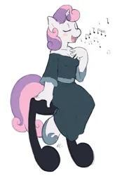 Size: 541x746 | Tagged: safe, artist:ajin, derpibooru import, sweetie belle, anthro, unguligrade anthro, unicorn, blushing, breasts, cleavage, clothes, dress, eyes closed, female, hoof shoes, horn, image, music notes, png, shoulderless, simple background, singing, sitting, solo, white background