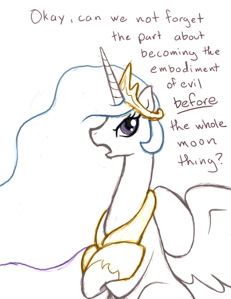 Size: 476x616 | Tagged: safe, artist:ajin, derpibooru import, princess celestia, alicorn, pony, annoyed, crossed hooves, dialogue, female, image, implied princess luna, mare, png, sitting, solo, to the moon