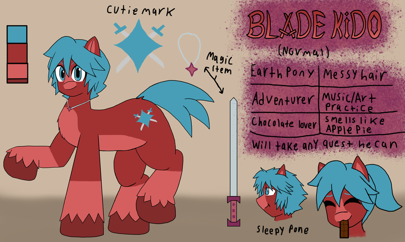 Size: 3394x2030 | Tagged: safe, artist:a.f blade kido, derpibooru import, oc, oc:blade kido, earth pony, pony, blue eyes, blue mane, chocolate bar, collar, cutie mark, hooves, image, messy hair, multicolored coat, png, ponytail, red coat, reference sheet, sleepy, sword, weapon