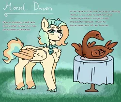 Size: 1900x1600 | Tagged: safe, artist:cluterdrop, derpibooru import, oc, oc:morsel dawn, unofficial characters only, pegasus, pony, ascot, chest fluff, chocolate, cloven hooves, female, food, image, jpeg, looking at you, mare, smiling, smiling at you, solo, text