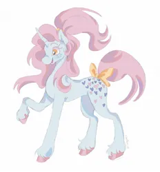 Size: 1279x1377 | Tagged: safe, artist:gothamsfinestdummy, derpibooru import, oc, unnamed oc, unofficial characters only, pony, unicorn, ambiguous gender, blue coat, bow, colored eyebrows, colored eyelashes, colored hooves, concave belly, horn, image, jpeg, long mane, long tail, open mouth, open smile, pink mane, pink tail, ponytail, profile, raised hoof, shiny hooves, signature, simple background, slender, smiling, solo, standing, tail, tail bow, thin, tied mane, unicorn horn, unicorn oc, unshorn fetlocks, white background, wingding eyes, yellow eyes