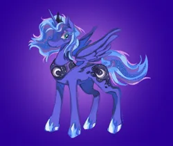Size: 1450x1217 | Tagged: safe, artist:gothamsfinestdummy, derpibooru import, princess luna, alicorn, pony, alternate hair color, alternate hairstyle, alternate tail color, alternate tailstyle, blue coat, blue eyes, colored eyelashes, colored pinnae, crown, ethereal mane, ethereal tail, eyeshadow, female, frown, g4, gradient background, hoof shoes, image, jewelry, jpeg, lidded eyes, looking back, makeup, mare, multicolored mane, multicolored tail, partially open wings, peytral, princess shoes, profile, regalia, short mane, solo, sparkly mane, sparkly tail, standing, starry mane, starry tail, tail, tiara, wingding eyes, wings