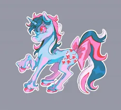 Size: 1382x1263 | Tagged: safe, derpibooru import, fizzy, pony, unicorn, g1, alternate design, bow, colored hooves, colored pinnae, female, gem eyes, gray background, horn, image, jpeg, leaning back, long mane, long tail, mare, mint coat, multicolored mane, multicolored tail, outline, raised hoof, shiny hooves, signature, simple background, smiling, solo, standing, tail, tail bow, unicorn horn, unshorn fetlocks, wavy mane, wavy tail, wingding eyes