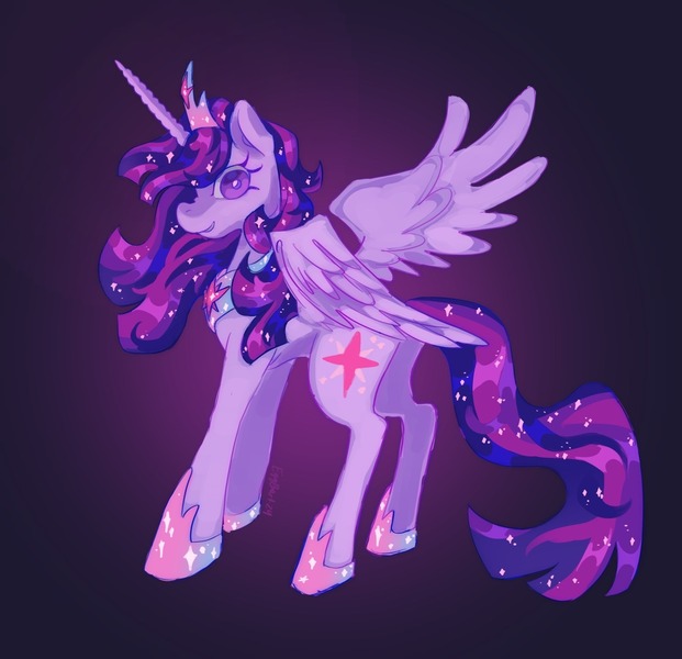 Size: 1374x1327 | Tagged: safe, artist:gothamsfinestdummy, derpibooru import, twilight sparkle, twilight sparkle (alicorn), alicorn, pony, alternate design, colored eyelashes, crown, ethereal mane, ethereal tail, female, g4, gradient background, hoof shoes, horn, image, jewelry, jpeg, long horn, long legs, looking at you, looking back, looking back at you, mare, multicolored mane, multicolored tail, older, older twilight, older twilight sparkle (alicorn), one wing out, partially open wings, peytral, princess shoes, profile, purple coat, purple eyes, redesign, regalia, shiny mane, shiny tail, signature, smiling, solo, sparkly mane, sparkly tail, tail, tiara, unicorn horn, wavy mane, wavy tail, wingding eyes, wings