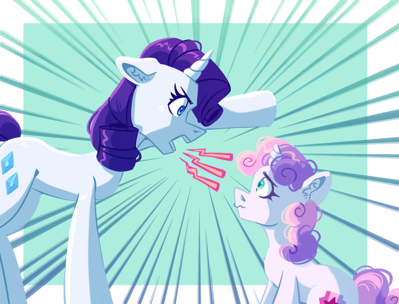 Size: 2009x1532 | Tagged: safe, artist:irisikiki, derpibooru import, rarity, sweetie belle, pony, unicorn, angry, belle sisters, duo, duo female, emanata, female, filly, floppy ears, foal, furrowed brow, height difference, horn, image, mare, no dialogue, passepartout, png, siblings, sisters, yelling