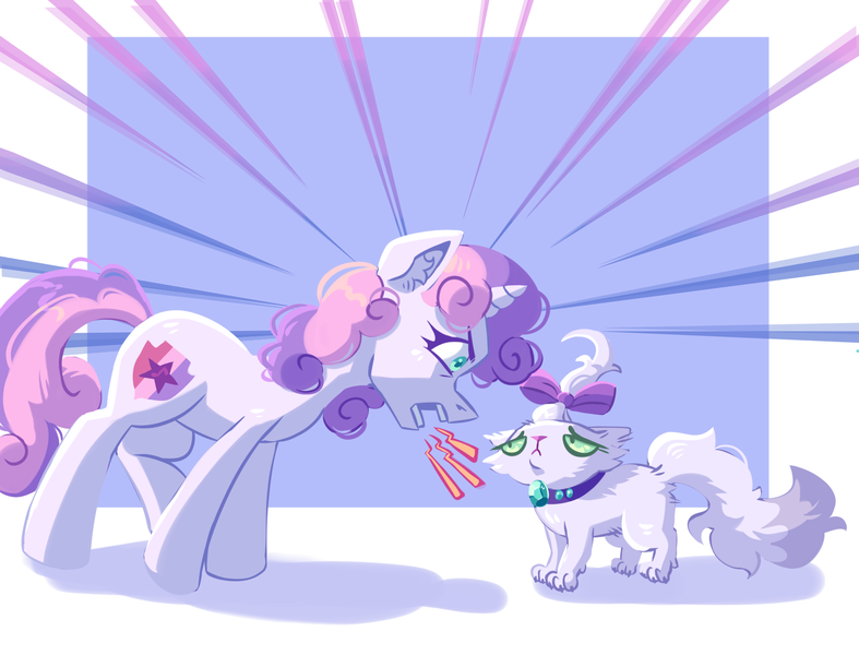 Size: 2009x1532 | Tagged: safe, artist:irisikiki, derpibooru import, opalescence, sweetie belle, cat, pony, unicorn, angry, duo, duo female, emanata, female, filly, floppy ears, foal, furrowed brow, height difference, horn, image, no dialogue, passepartout, png, yelling