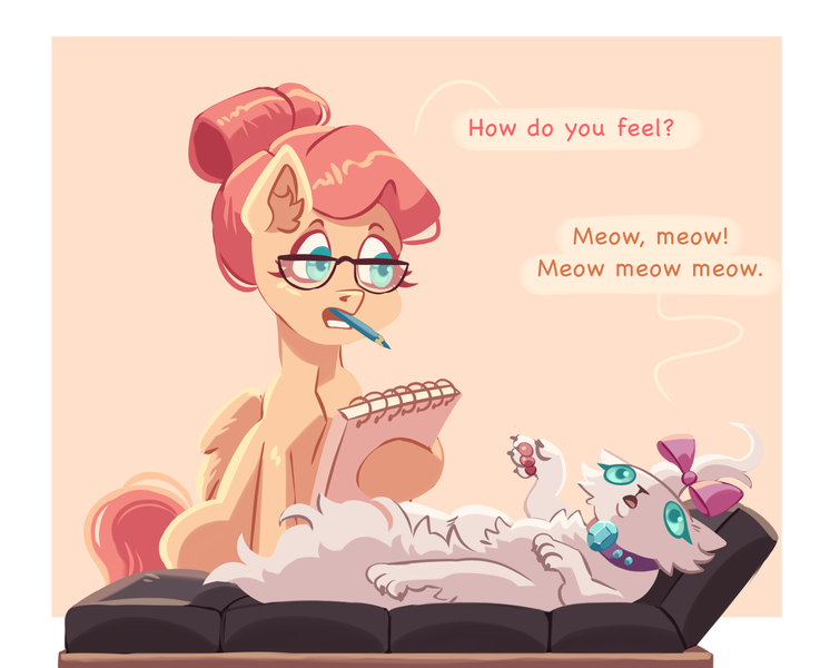 Size: 1845x1467 | Tagged: safe, artist:irisikiki, derpibooru import, fluttershy, opalescence, cat, pegasus, pony, alternate hairstyle, border, dialogue, duo, duo female, fainting couch, female, glasses, image, lying down, mare, mouth hold, notebook, on back, pencil, png, simple background, therapy, updo, yellow background