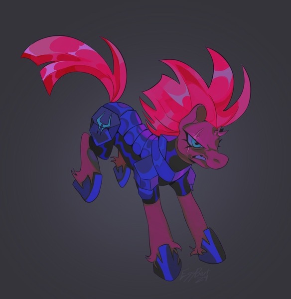 Size: 948x974 | Tagged: safe, alternate version, artist:gothamsfinestdummy, derpibooru import, tempest shadow, pony, unicorn, angry, armor, blue eyes, broken horn, eye scar, facial scar, female, frown, g4, gradient background, horn, image, jpeg, long mane, long tail, mare, narrowed eyes, pink mane, pink tail, running, scar, scowl, shiny mane, shiny tail, signature, solo, spiky mane, storm guard, tail, teeth, wide stance