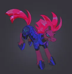 Size: 948x974 | Tagged: safe, alternate version, artist:gothamsfinestdummy, derpibooru import, tempest shadow, pony, unicorn, angry, armor, blue eyes, broken horn, eye scar, facial scar, female, frown, g4, gradient background, horn, image, jpeg, long mane, long tail, mare, narrowed eyes, pink mane, pink tail, running, scar, scowl, shiny mane, shiny tail, signature, solo, spiky mane, storm guard, tail, teeth, wide stance