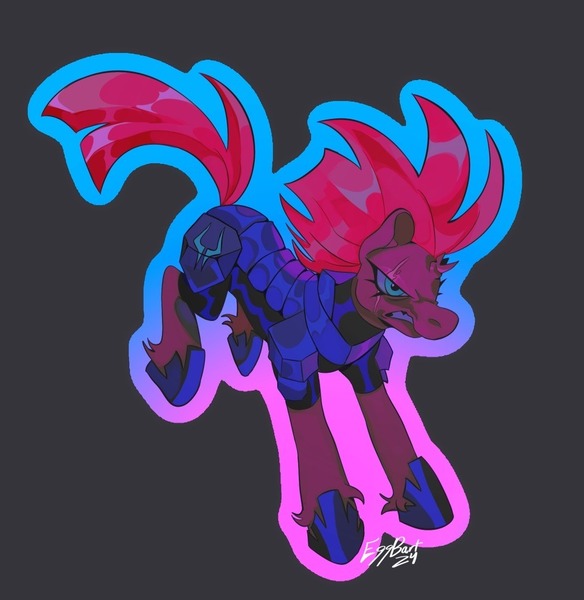 Size: 948x974 | Tagged: safe, alternate version, artist:gothamsfinestdummy, derpibooru import, tempest shadow, pony, unicorn, angry, armor, blue eyes, broken horn, eye scar, facial scar, female, frown, g4, gray background, horn, image, jpeg, long mane, long tail, mare, narrowed eyes, outline, pink mane, pink tail, running, scar, scowl, shiny mane, shiny tail, signature, simple background, solo, spiky mane, storm guard, tail, teeth, wide stance