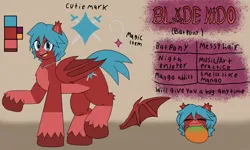 Size: 3394x2030 | Tagged: safe, artist:a.f blade kido, derpibooru import, oc, oc:blade kido, bat pony, pony, bat wings, blue eyes, blue mane, collar, cutie mark, eating, fangs, food, happy, image, mango, multicolored coat, png, red coat, reference sheet, wings