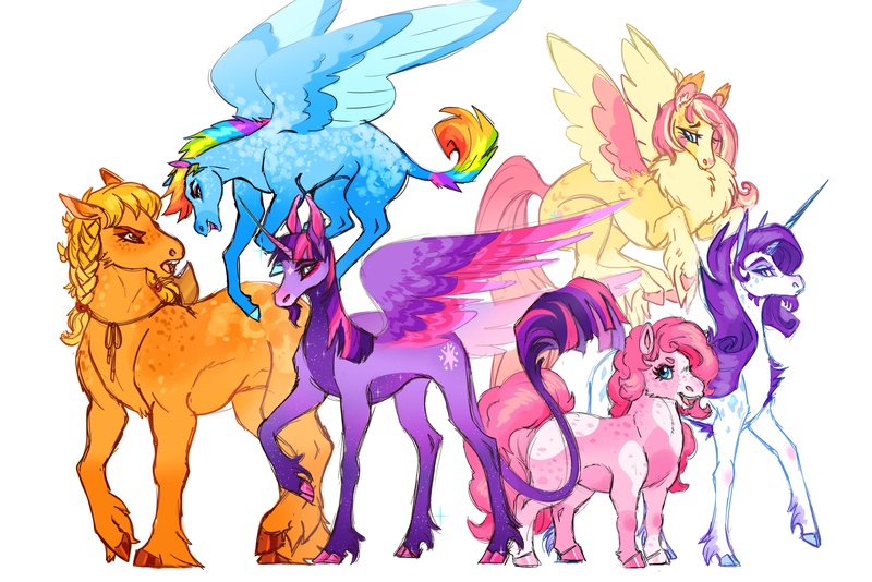Size: 4096x2732 | Tagged: safe, artist:madisockz, derpibooru import, applejack, fluttershy, pinkie pie, rainbow dash, rarity, twilight sparkle, twilight sparkle (alicorn), alicorn, earth pony, pegasus, pony, unicorn, alternate color palette, alternate design, alternate eye color, alternate hairstyle, alternate tailstyle, applejack's hat, applejacked, beard, big ears, blaze (coat marking), blonde mane, blue coat, blue eyes, blush sticker, blushing, body freckles, braid, braided ponytail, cheek fluff, chest fluff, chin fluff, chubby, cloven hooves, coat markings, colored belly, colored eartips, colored eyebrows, colored hooves, colored horn, colored muzzle, colored pinnae, colored wings, colored wingtips, concave belly, cowboy hat, curly mane, curly tail, curved horn, dappled, ear fluff, ear tufts, eyeshadow, facial hair, facial markings, female, fetlock tuft, floppy ears, fluffy, flying, freckles, frown, g4, gradient horn, green eyes, group, hat, heart, heart mark, height difference, high res, hooves, horn, image, impossibly large tail, jpeg, knee blush, leonine tail, long horn, long legs, long mane, long tail, looking at each other, looking at someone, looking back, makeup, mane six, mare, mealy mouth (coat marking), mohawk, multicolored hair, multicolored hooves, multicolored mane, multicolored tail, multicolored wings, muscles, narrowed eyes, no mouth, open mouth, open smile, orange coat, pale belly, pink coat, pink eyes, pink mane, pink tail, pinto, ponytail, profile, purple coat, purple mane, purple tail, rainbow hair, rainbow tail, raised hoof, raised leg, redesign, sextet, shiny hooves, short hair rainbow dash, short mane, short tail, simple background, smiling, smoldash, sparkly coat, speckled, spread wings, standing, starry coat, straight mane, straight tail, tail, tall ears, thin legs, tied mane, two toned mane, unicorn beard, unicorn horn, unshorn fetlocks, wall of tags, wavy mane, wavy tail, white background, white coat, wingding eyes, wings, yellow coat