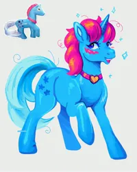 Size: 2400x3000 | Tagged: safe, artist:madisockz, derpibooru import, pony, unicorn, ambiguous gender, blue coat, blue eyes, blue tail, blush scribble, blushing, bootleg, choker, colored eyelashes, colored horn, colored pinnae, curly mane, curly tail, heart choker, high res, horn, image, jpeg, lineless, long mane, long tail, looking back, messy mane, messy tail, open mouth, open smile, pink mane, raised hoof, shiny coat, shiny horn, signature, simple background, smiling, solo, sparkles, standing, tail, toy interpretation, unicorn horn, white background, wingding eyes