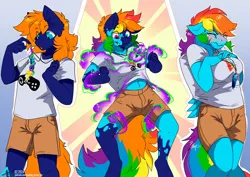 Size: 1100x778 | Tagged: suggestive, artist:arctic-fox, derpibooru import, rainbow dash, oc, unofficial characters only, anthro, earth pony, pegasus, blushing, character to character, image, jpeg, solo, transformation, transgender transformation