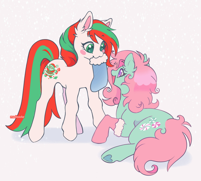 Size: 2048x1840 | Tagged: safe, artist:madisockz, derpibooru import, merry treat, minty, earth pony, pony, g1, g3, :3, abstract background, christmas, christmas stocking, colored pnnae, colored underhoof, curly mane, curly tail, duo, duo female, ear fluff, female, green eyes, holiday, hoof heart, image, jpeg, long mane, long socks, long tail, looking at each other, looking at someone, lying down, mare, mint coat, mouth hold, open mouth, open smile, pink mane, pink tail, prone, purple eyes, shadow, shiny mane, signature, smiling, smiling at each other, snow, snowfall, standing, sticker blush, tail, two toned mane, two toned tail, underhoof, white coat, wingding eyes