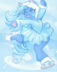 Size: 3200x4000 | Tagged: safe, artist:madisockz, derpibooru import, snowflake (g3), earth pony, pony, g3, :3, abstract background, bipedal, blue coat, blue dress, blue eyes, blue mane, blue tail, clothes, colored pinnae, colored underhoof, curly tail, dress, eye clipping through hair, eyeshadow, female, gradient tail, high res, hood, hoof heart, ice skates, ice skating, image, jpeg, makeup, mare, open mouth, open smile, ringlets, skates, smiling, snow, snowflake, solo, sparkles, sparkly dress, standing on two hooves, tail, underhoof, wind, windswept mane, wingding eyes, winter