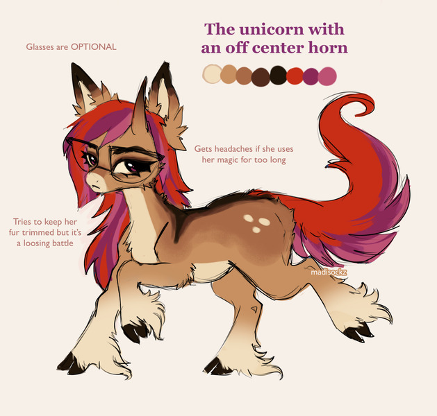 Size: 1280x1221 | Tagged: safe, artist:madisockz, derpibooru import, oc, unnamed oc, unofficial characters only, pony, unicorn, :<, big ears, big eyes, blank flank, brown coat, cheek fluff, chest fluff, cloven hooves, coat markings, colored belly, colored eartips, colored hooves, colored muzzle, colored pinnae, curved horn, dorsal stripe, ear fluff, facial markings, female, frown, glasses, gradient horn, horn, image, jpeg, leg fluff, lidded eyes, long mane, long tail, mare, multicolored mane, multicolored tail, pale belly, pink eyes, pink text, ponysona, purple text, raised hoof, raised leg, reference sheet, signature, snip (coat marking), socks (coat markigns), socks (coat marking), solo, tail, text, unicorn horn, unicorn oc, unique horn, unshorn fetlocks, wingding eyes
