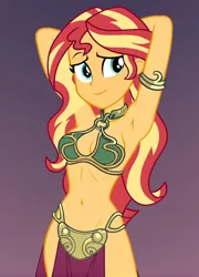 Size: 768x1064 | Tagged: suggestive, ai content, anonymous artist, derpibooru import, machine learning generated, sunset shimmer, equestria girls, belly button, breasts, busty sunset shimmer, cleavage, female, g4, image, midriff, nudity, photo, png, sexy, slave, slave leia outfit, solo, solo female, star wars, stupid sexy sunset shimmer