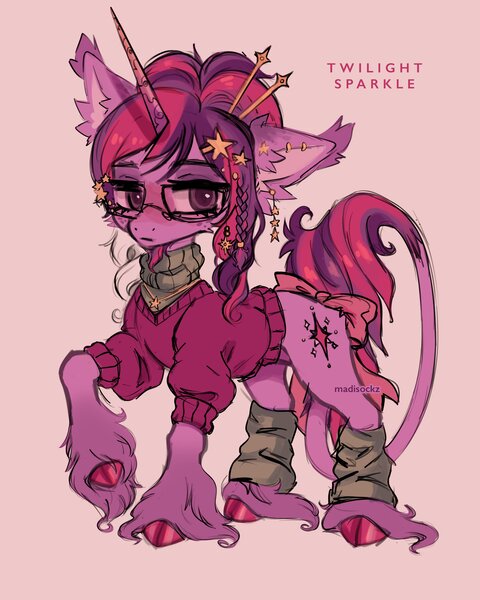 Size: 2400x3000 | Tagged: safe, artist:madisockz, derpibooru import, twilight sparkle, classical unicorn, pony, unicorn, alternate color palette, alternate design, alternate hair color, alternate hairstyle, alternate tail color, alternate tailstyle, big ears, big eyes, bow, braid, cheek fluff, clothes, cloven hooves, coat markings, colored hooves, colored pinnae, colored sketch, concave belly, ear fluff, ear piercing, ear tufts, earring, eyebrows, eyebrows visible through hair, eyeshadow, female, freckles, frown, g4, glasses, hair bun, hairclip, hairpin, high res, horn, image, jewelry, jpeg, leg warmers, leonine tail, lidded eyes, long mane, long tail, looking away, makeup, mare, necklace, piercing, pink background, pink coat, pink text, purple coat, purple eyes, raised hoof, redesign, shiny hooves, shiny mane, shiny tail, signature, simple background, sketch, socks (coat marking), solo, standing, sweater, tail, tail bow, text, thin, tied mane, turtleneck, twitterina design, two toned mane, two toned tail, unicorn twilight, unshorn fetlocks, wall of tags, wingding eyes