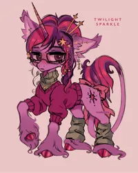 Size: 2400x3000 | Tagged: safe, artist:madisockz, derpibooru import, twilight sparkle, classical unicorn, pony, unicorn, alternate color palette, alternate design, alternate hair color, alternate hairstyle, alternate tail color, alternate tailstyle, big ears, big eyes, bow, braid, cheek fluff, clothes, cloven hooves, coat markings, colored hooves, colored pinnae, colored sketch, concave belly, ear fluff, ear piercing, ear tufts, earring, eyebrows, eyebrows visible through hair, eyeshadow, female, freckles, frown, g4, glasses, hair bun, hairclip, hairpin, high res, horn, image, jewelry, jpeg, leg warmers, leonine tail, lidded eyes, long mane, long tail, looking away, makeup, mare, necklace, piercing, pink background, pink coat, pink text, purple coat, purple eyes, raised hoof, redesign, shiny hooves, shiny mane, shiny tail, signature, simple background, sketch, socks (coat marking), solo, standing, sweater, tail, tail bow, text, thin, tied mane, turtleneck, two toned mane, two toned tail, unicorn twilight, unshorn fetlocks, wall of tags, wingding eyes