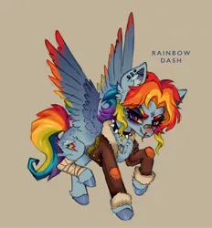 Size: 3422x3684 | Tagged: safe, artist:madisockz, derpibooru import, rainbow dash, pegasus, pony, alternate color palette, alternate design, alternate hairstyle, bags under eyes, bandage, bandaged leg, bandaid, bandaid on nose, beige background, blood, blue coat, blue text, bomber jacket, butt fluff, chest fluff, choker, clothes, coat markings, colored eyebrows, colored hooves, colored sketch, colored wings, colored wingtips, dog tags, ear fluff, ear piercing, earring, eyebrows, eyebrows visible through hair, facial markings, female, fetlock tuft, flying, g4, high res, image, industrial piercing, jacket, jewelry, jpeg, long mane, long tail, mare, multicolored hair, multicolored mane, multicolored tail, multicolored wings, narrowed eyes, nose blush, nosebleed, piercing, pink eyes, rainbow hair, rainbow tail, rainbow wings, redesign, shiny hooves, shiny mane, shiny tail, signature, simple background, sketch, smiling, solo, speckled, spiked choker, spread wings, star (coat marking), tail, text, thick eyelashes, wall of tags, wing fluff, wingding eyes, wings, wolf cut