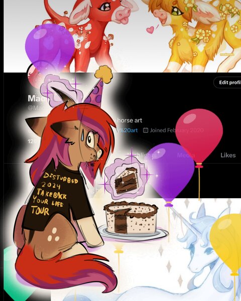 Size: 2400x3000 | Tagged: safe, artist:madisockz, derpibooru import, oc, unnamed oc, unofficial characters only, pony, unicorn, balloon, birthday, birthday art, birthday cake, cake, cake slice, chewing, clothes, coat markings, colored eartips, colored muzzle, curved horn, disturbed (band), dorsal stripe, ear fluff, eating, facial markings, female, floppy ears, food, glow, glowing horn, gradient horn, hat, high res, horn, image, jpeg, long mane, long tail, looking at you, looking back, looking back at you, magic, mare, mealy mouth (coat marking), meta, multicolored mane, multicolored tail, party hat, ponysona, rear view, shirt, shrunken pupils, sitting, solo, sweat, sweatdrop, t-shirt, tail, telekinesis, twitter, unicorn oc, unique horn